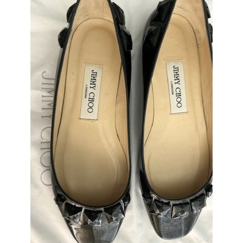 Jimmy Choo Black Patent Leather Genna Square Toe Ballet Flats w Faceted Accents